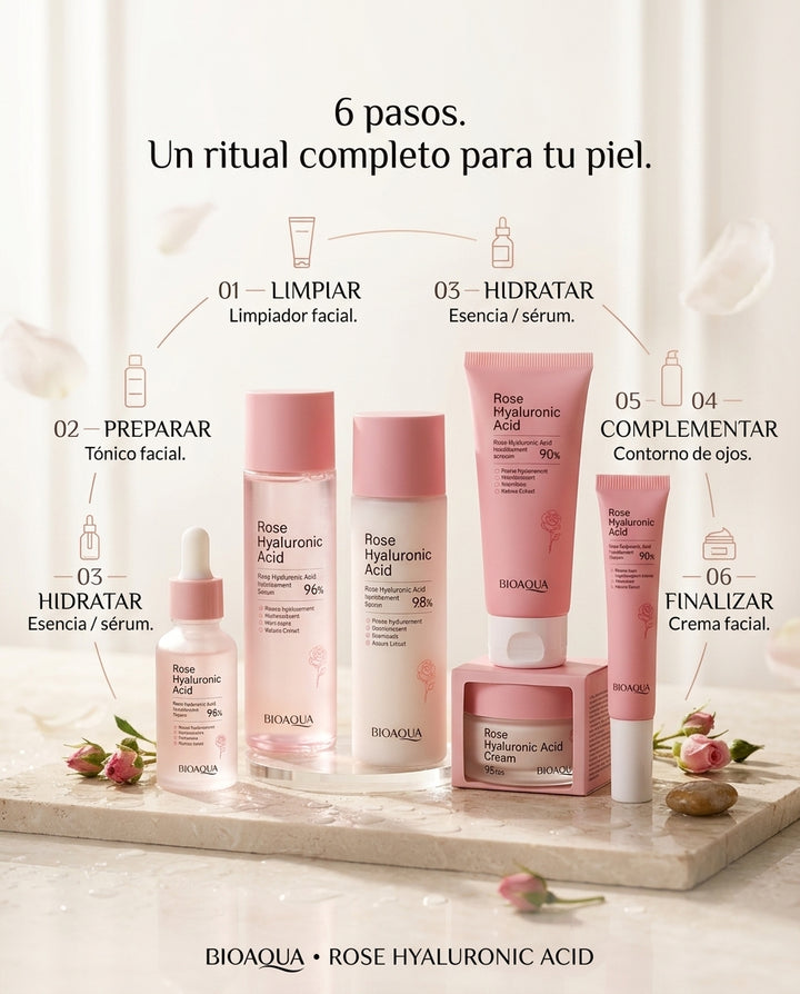 Kit Bioaqua Rose Hyaluronic Acid: Tu piel merece este ritual.